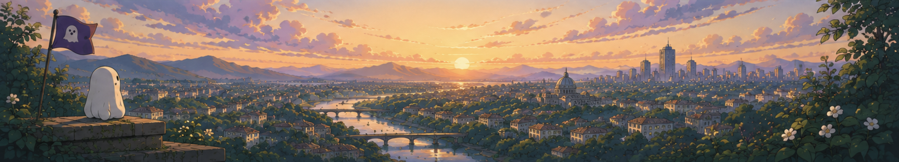 The drivel mascot overlooking a river city at sunset