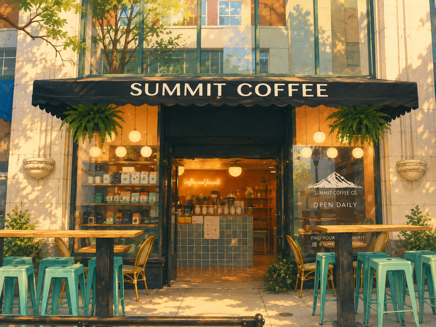Summit Coffee reimagined as a warm illustrated community gathering place